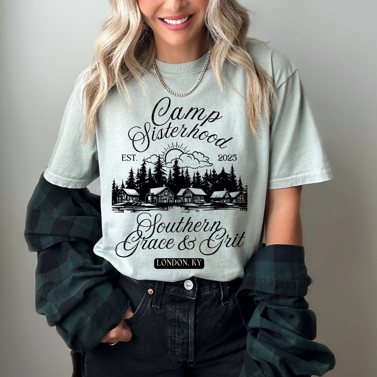 Southern Grace & Grit Graphic Tee - Camp Sisterhood - LONDON, KY - Comfort Colors